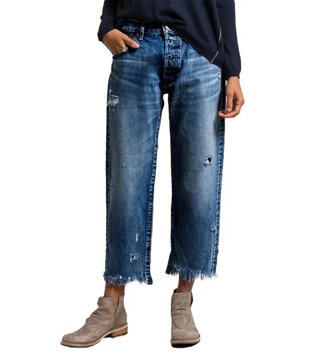Wash Raw Hem Ripped Mid Rise Crop Straight Leg Jeans