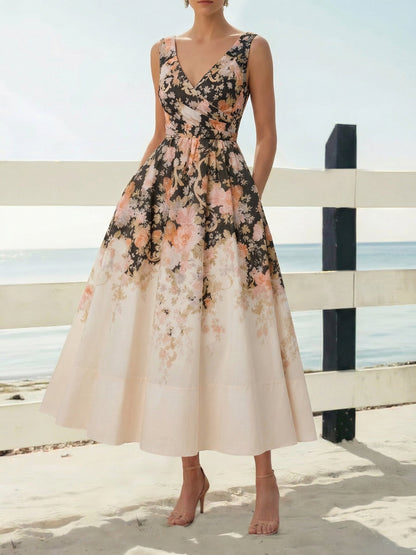 Robe midi en coton, sans manches, encolure en cœur, florale, à bretelles, vacances, vintage, abricot