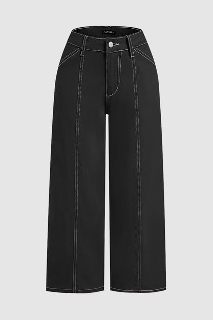 Contrast Stitch Mid Rise Wide Leg Crop Pants