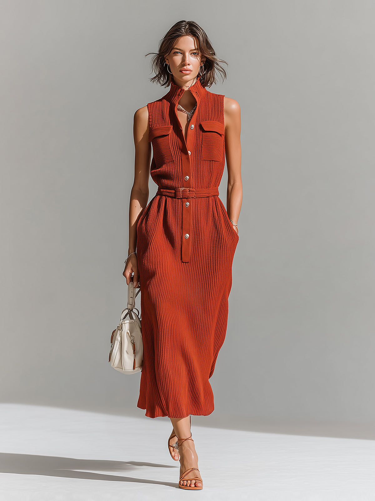 Chic Elegant Red Stand Collar Button-Front Chest Pockets Sleeveless Belted Waist Loose-Fit Ribbed Knit Maxi Dress