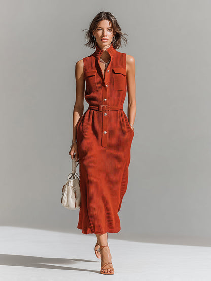 Chic Elegant Red Stand Collar Button-Front Chest Pockets Sleeveless Belted Waist Loose-Fit Ribbed Knit Maxi Dress
