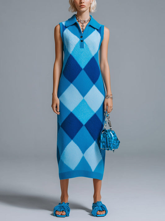 Chic Elegant Blue Colorblock Argyle Pattern Lapel V-Neck Sleeveless Loose-Fit Ribbed Knit Maxi Dress