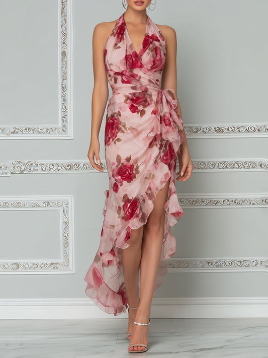 Romantic Floral Halter High-Low Ruffle Maxi Dress
