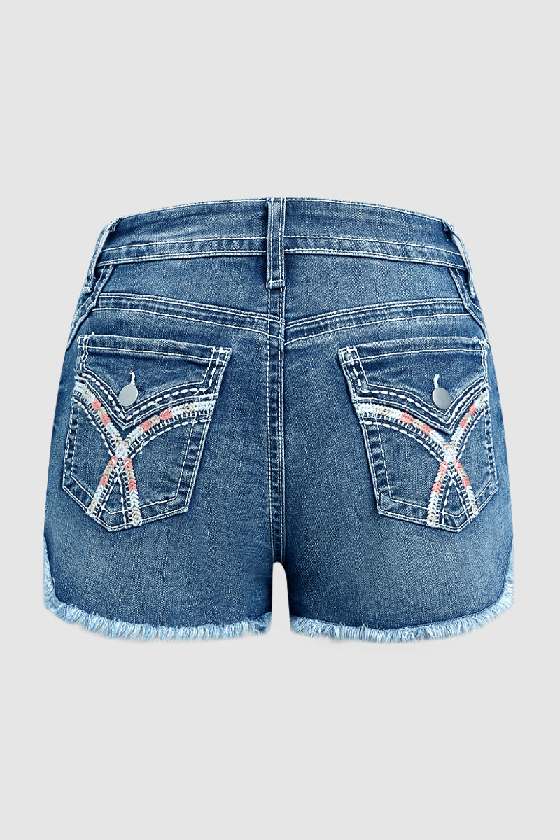 Raw Hem Embroidery Flap Decor Split Mid Waist Denim Shorts