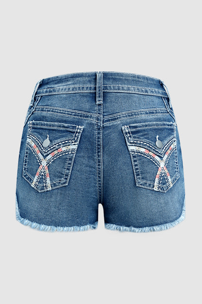 Raw Hem Embroidery Flap Decor Split Mid Waist Denim Shorts