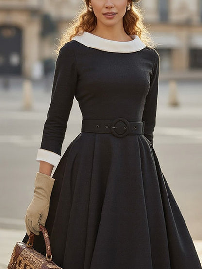 Robe en coton mi-longue, manches courtes, col rond, unie, ceinture, style vintage, noire