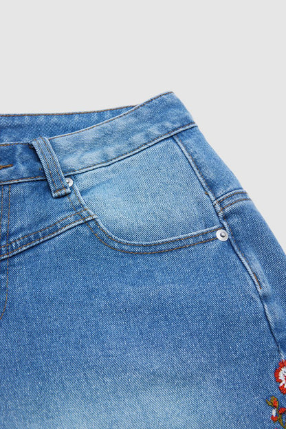 Wash Floral Embroidery V Yoke Mid Rise Straight Leg Denim Bermuda Shorts