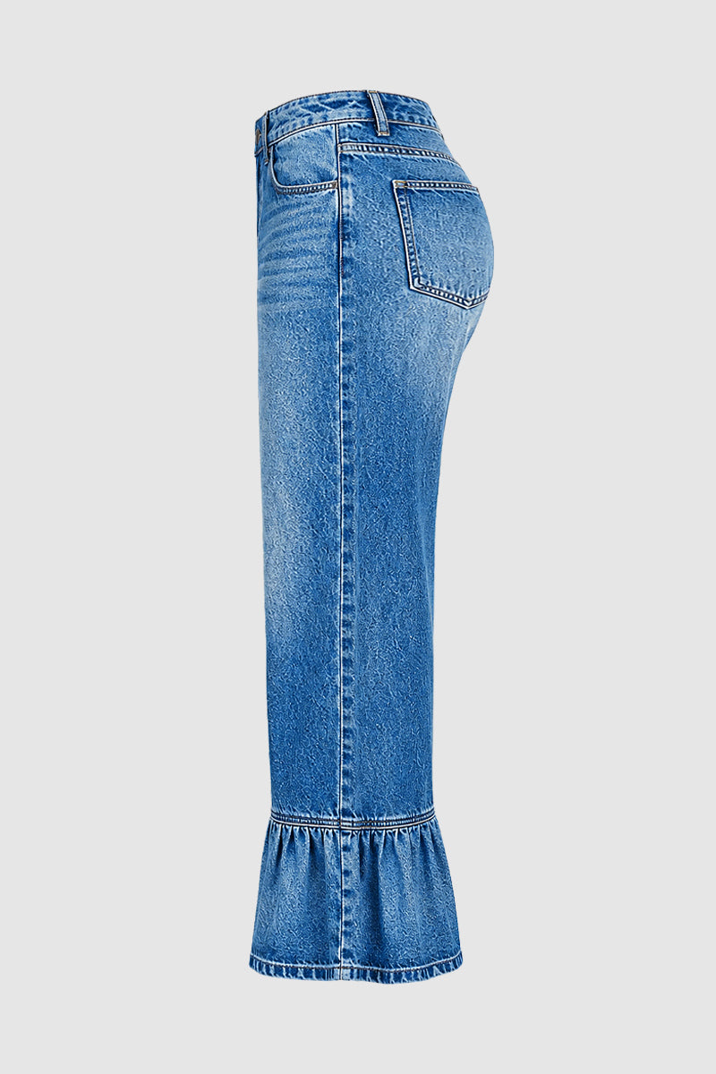 Wash Ruffle Hem High Waist Wide Leg Jeans