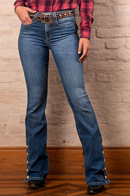 Wash Mid Waist Buttoned Hem Bootcut Jeans Without Belt