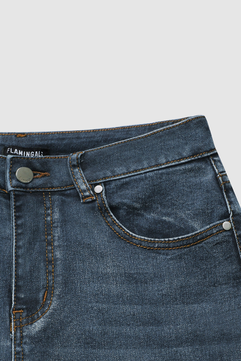 Washed Floral Embroidery Stretchy Mid Waist Bootcut Jeans