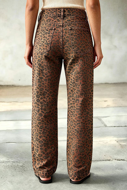 Leopard Print Patch Pocket High Waist Straight Leg Pants