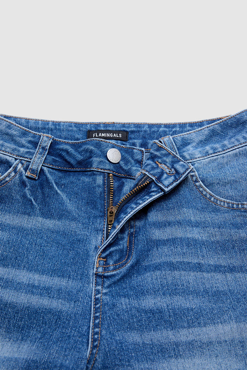 Wash Raw Hem Split Mid Waist Wide Leg Cropped Jeans Without Belt