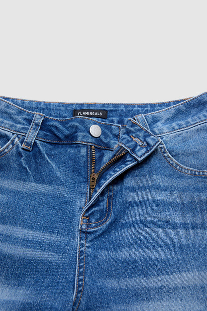Wash Raw Hem Split Mid Waist Wide Leg Cropped Jeans Without Belt