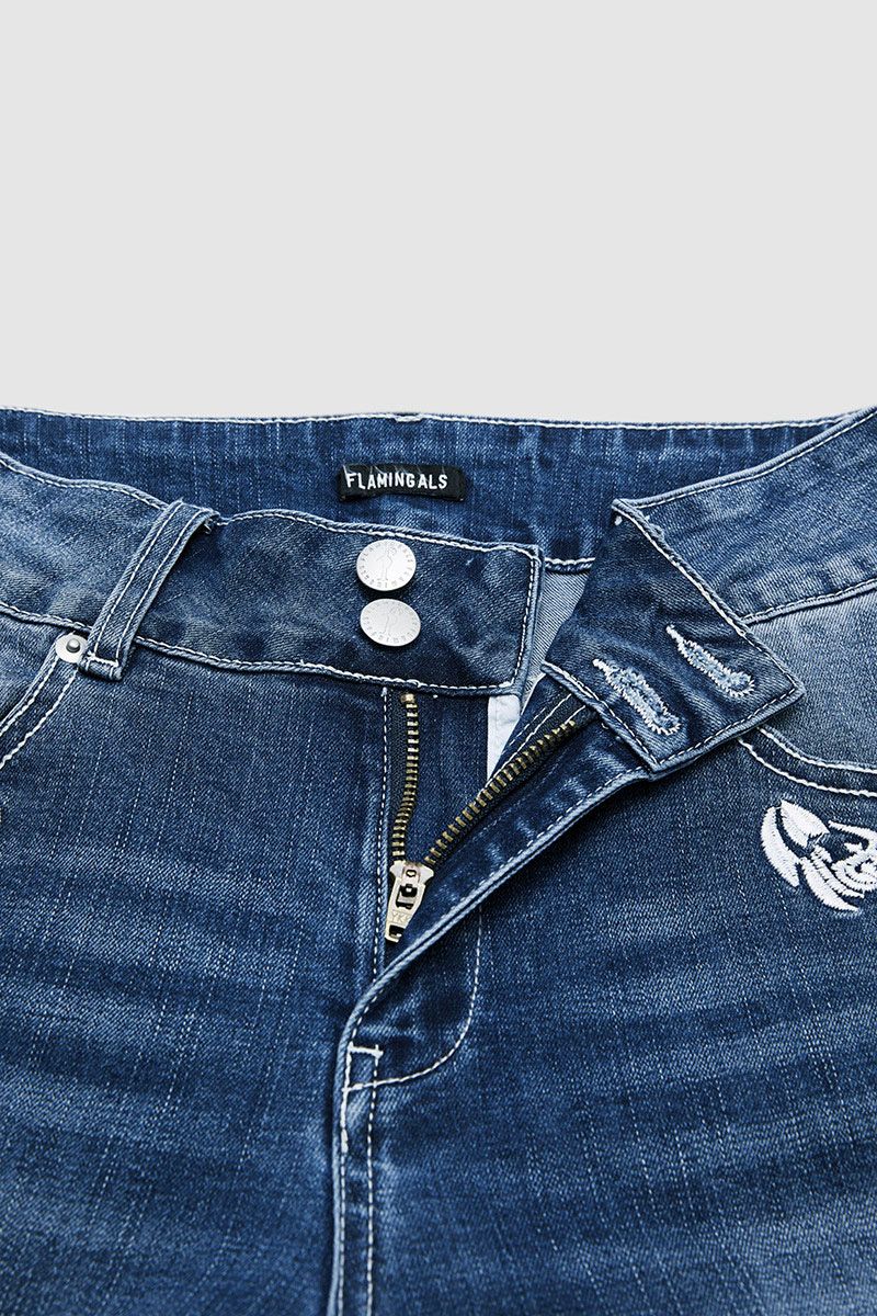 Plant Embroidery Button Decor Mid Waist Skinny Capri Jeans