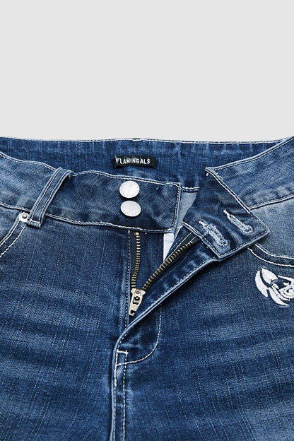 Plant Embroidery Button Decor Mid Waist Skinny Capri Jeans
