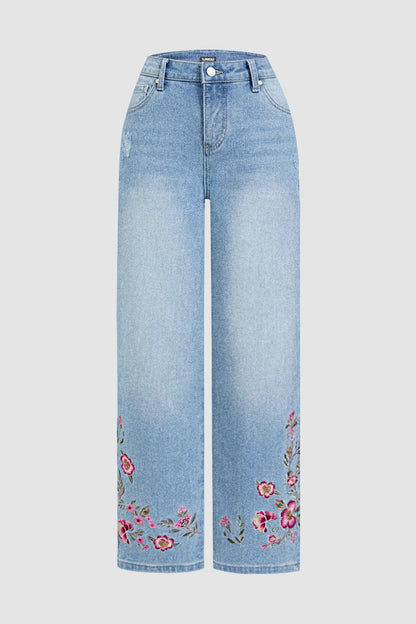 Wash Floral Embroidery Mid Rise Straight Leg Jeans