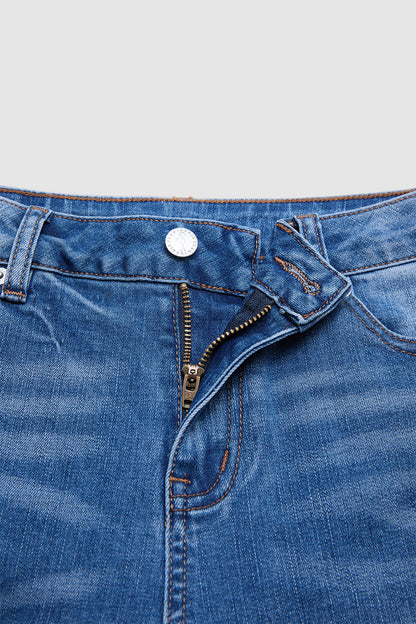 Raw Hem Button Tab Mid Waist Skinny Capri Jeans
