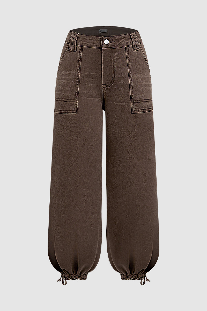 Solid Patch Pocket Drawstring Hem Mid Waist Cropped Wide Leg Pants