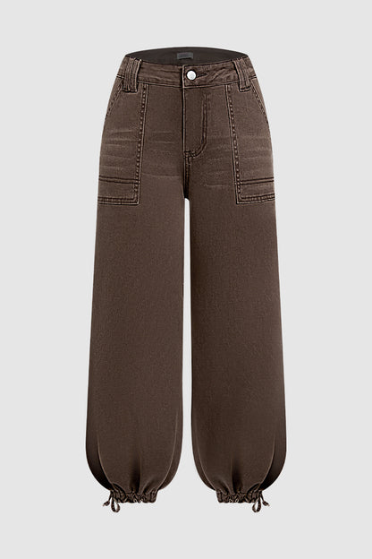 Solid Patch Pocket Drawstring Hem Mid Waist Cropped Wide Leg Pants
