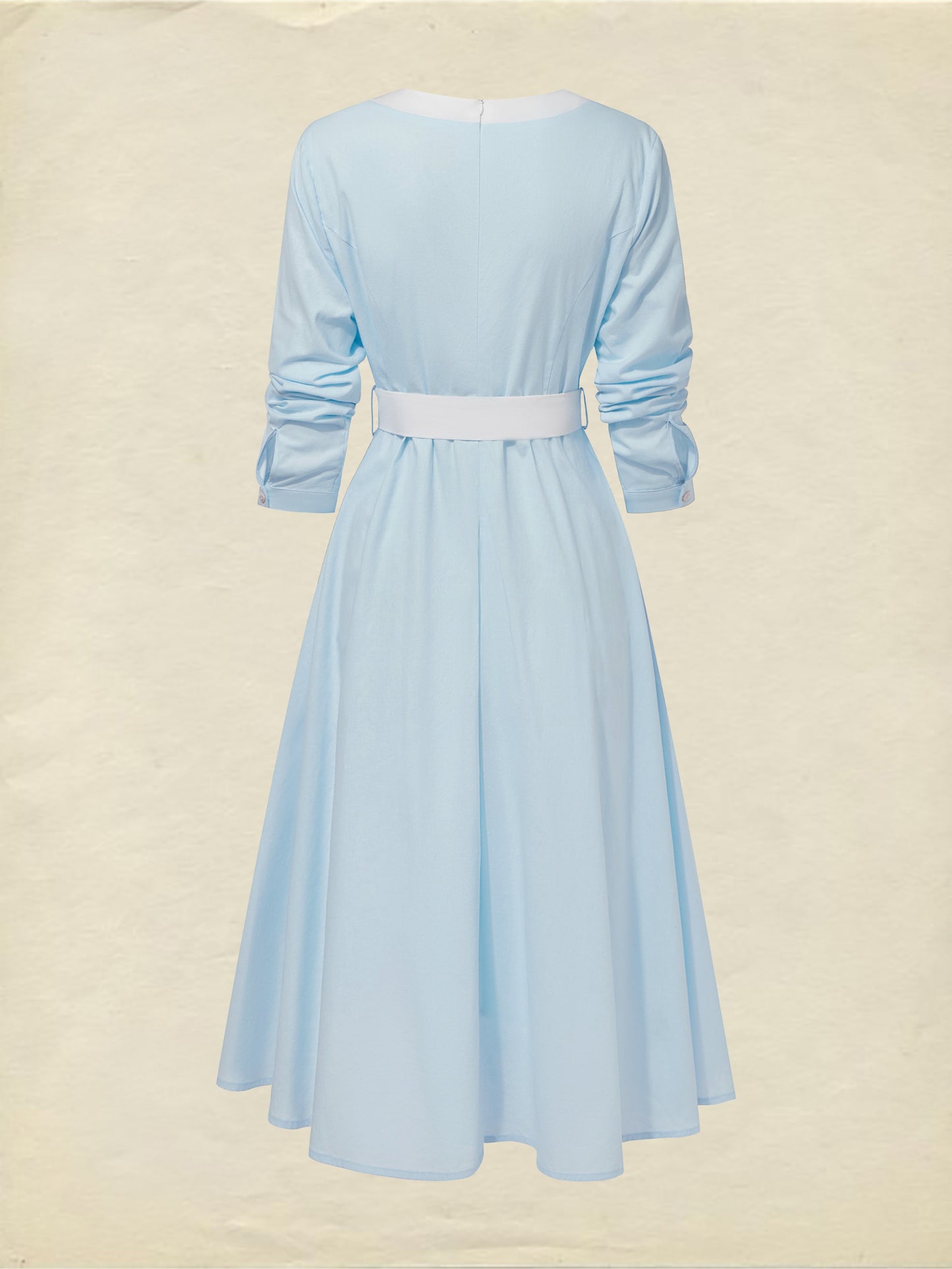 Robe midi en lin, manches longues, col en V, unie, avec ceinture, style vintage français, bleu ciel