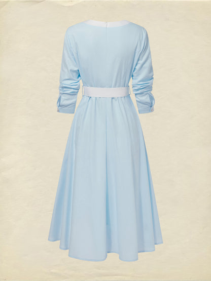 Robe midi en lin, manches longues, col en V, unie, avec ceinture, style vintage français, bleu ciel