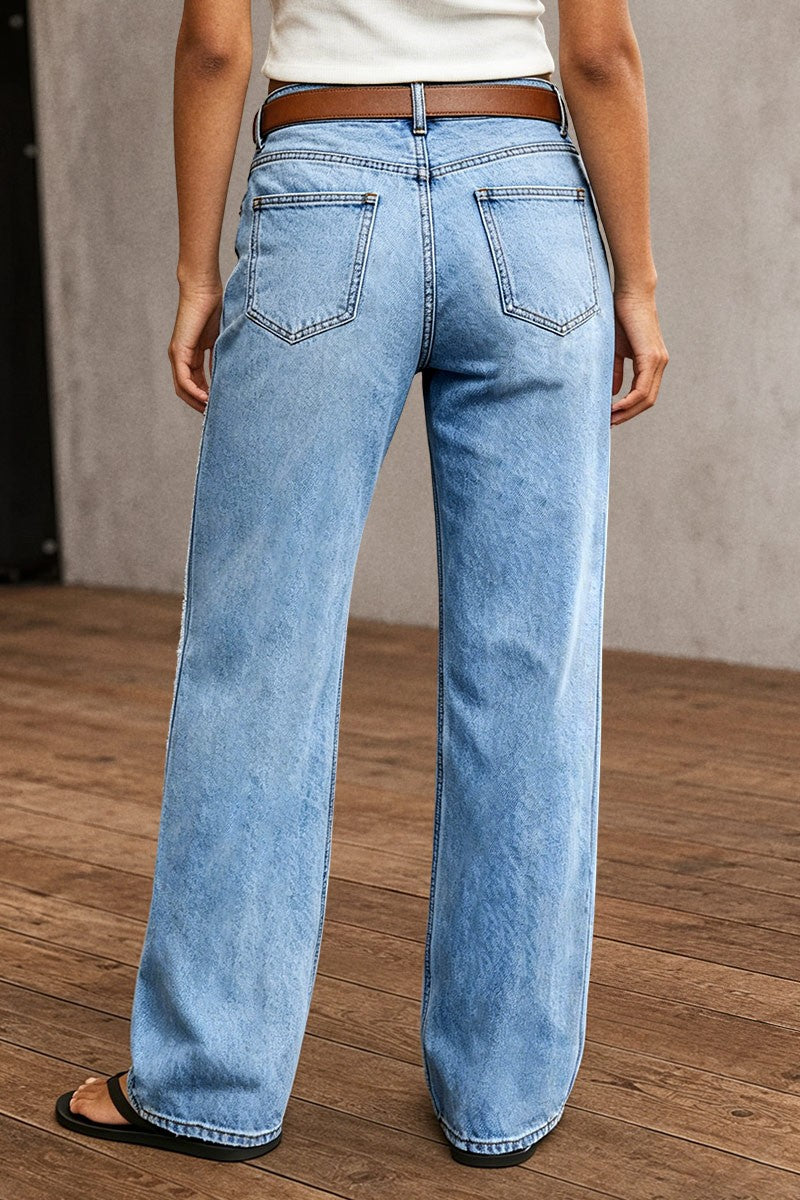 Wash Stitch Detail Mid Waist Straight Leg Jeans Without Belt