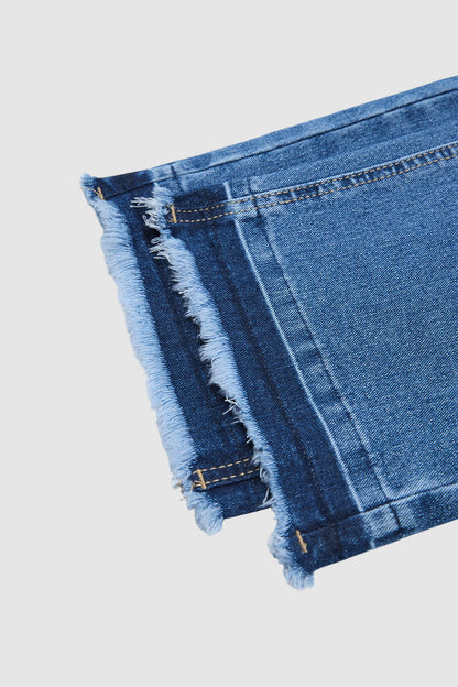 Wash Raw Hem Mid Waist Straight Leg Crop Jeans Without Belt