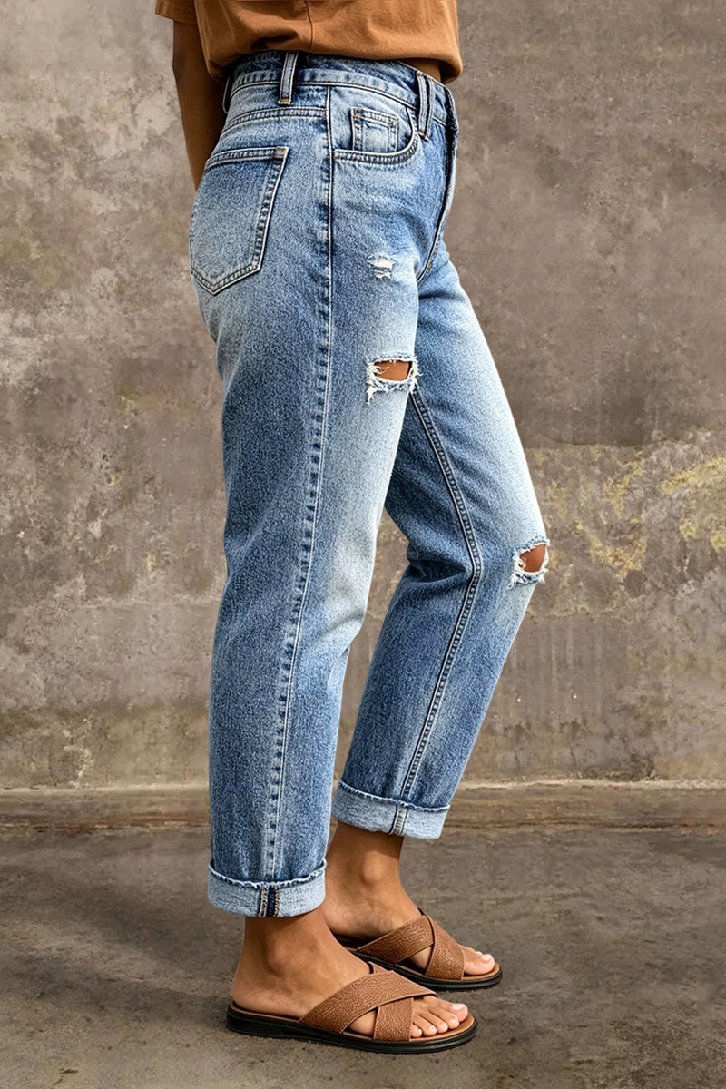 Wash Ripped Roll Hem Mid Rise Straight Leg Crop Jeans