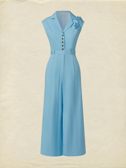 Combinaison en coton, Manches Courtes, Col V, Uni, Fleurs en relief, Style vintage français, Bleu