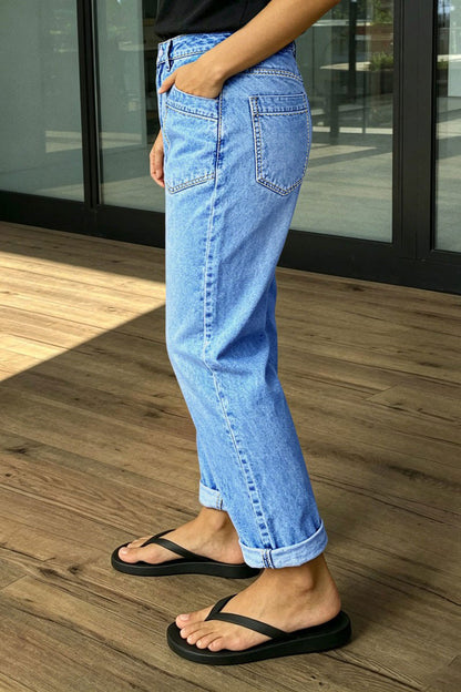 Wash Roll Hem Mid Waist Straight Leg Crop Jeans