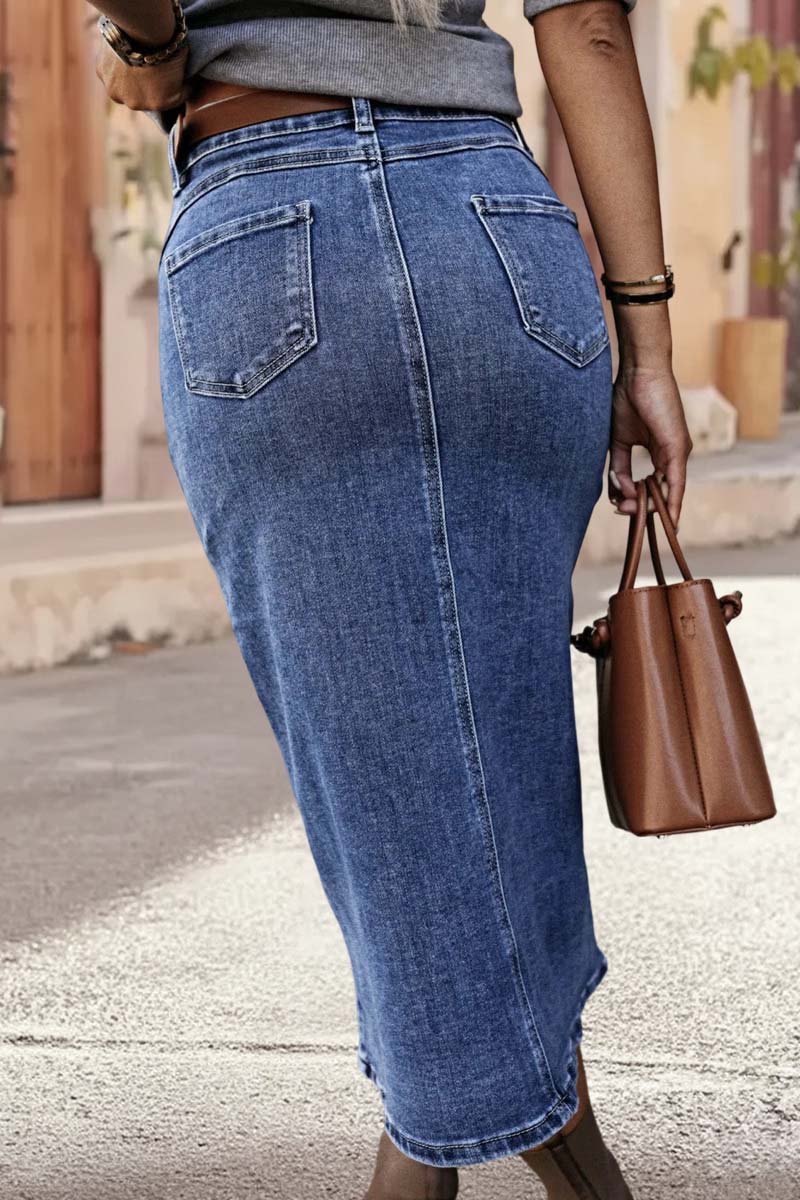 Wash Split Hem Button Up Midi Denim Skirt Without Belt
