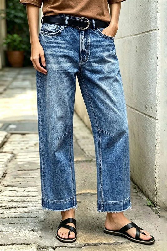 Wash Raw Hem Mid Waist Straight Leg Crop Jeans Without Belt