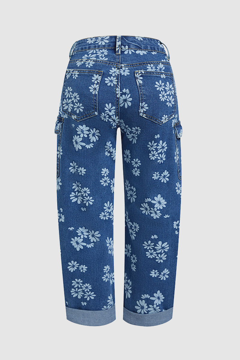 Floral Print Roll Hem Drawstring High Waist Barrel Leg Crop Jeans
