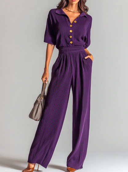 stylish Elegant Purple Short-sleeved Lapel Collar Button-Front Tailored Waist Wide-leg Knit Jumpsuit