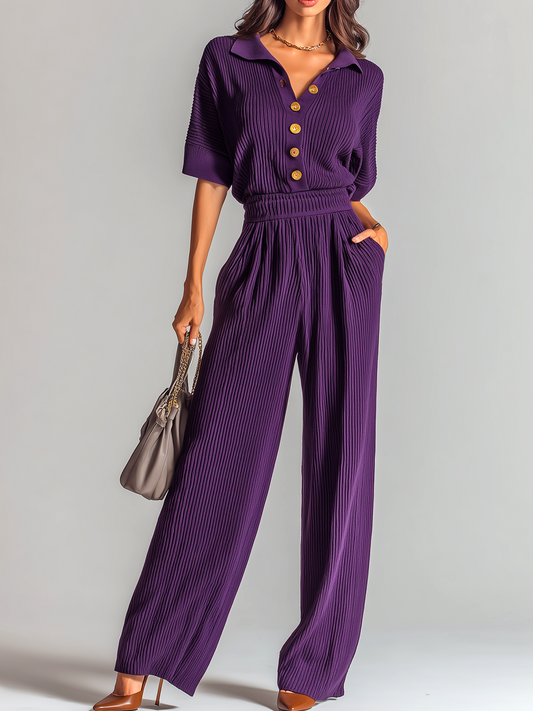 stylish Elegant Purple Short-sleeved Lapel Collar Button-Front Tailored Waist Wide-leg Knit Jumpsuit