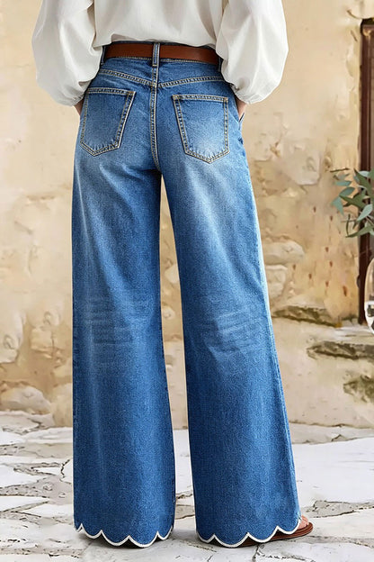 Wash Floral Embroidery Scallop Trim Mid Waist Wide Leg Jeans Without Belt