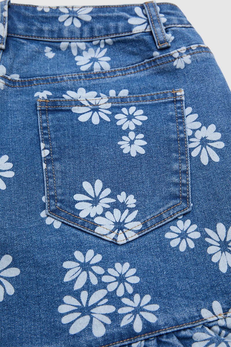 Floral Print Stitch Front Ruffle Hem Mid Rise Denim Shorts