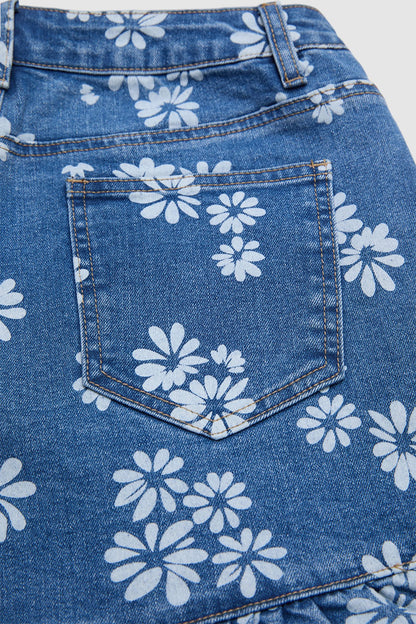 Floral Print Stitch Front Ruffle Hem Mid Rise Denim Shorts