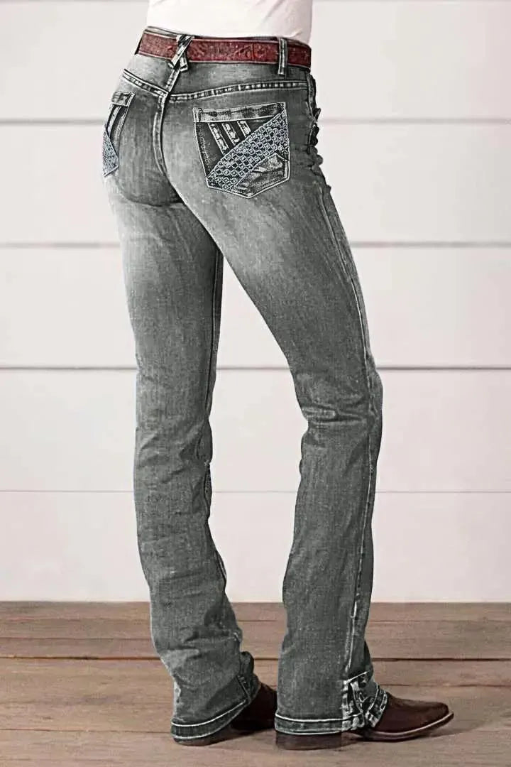 Embroidered Pocket Buttoned Hem Mid Waist Bootcut Jeans Without Belt