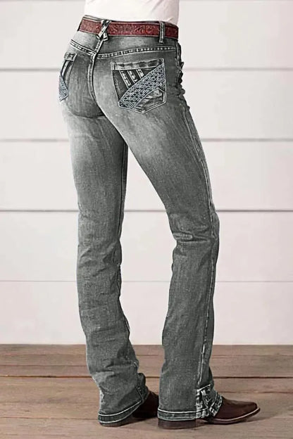 Embroidered Pocket Buttoned Hem Mid Waist Bootcut Jeans Without Belt