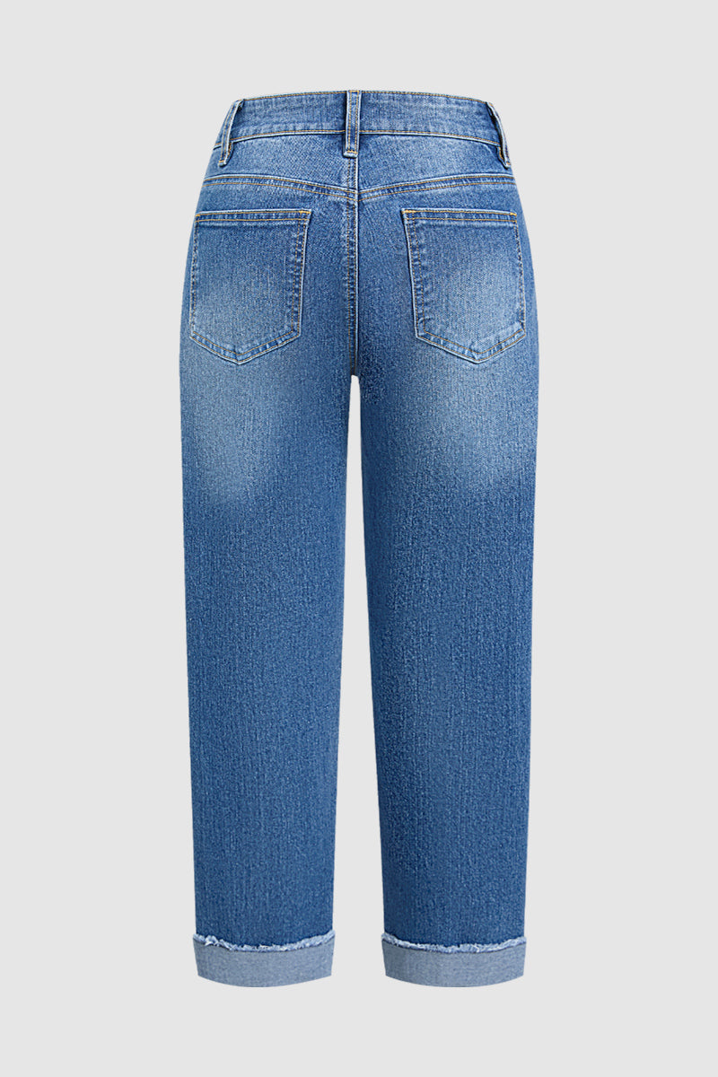 Roll & Raw Hem Stitch Detail Flap Decor High Waist Tapered Cropped Jeans