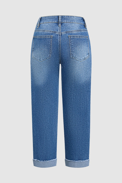 Roll & Raw Hem Stitch Detail Flap Decor High Waist Tapered Cropped Jeans