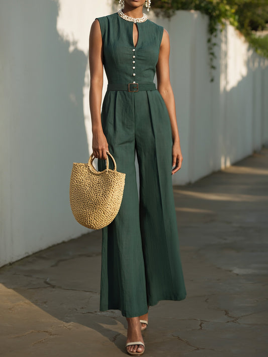 Combinaison en lin, sans manches, col en V, unie, boutonnée, vintage, verte
