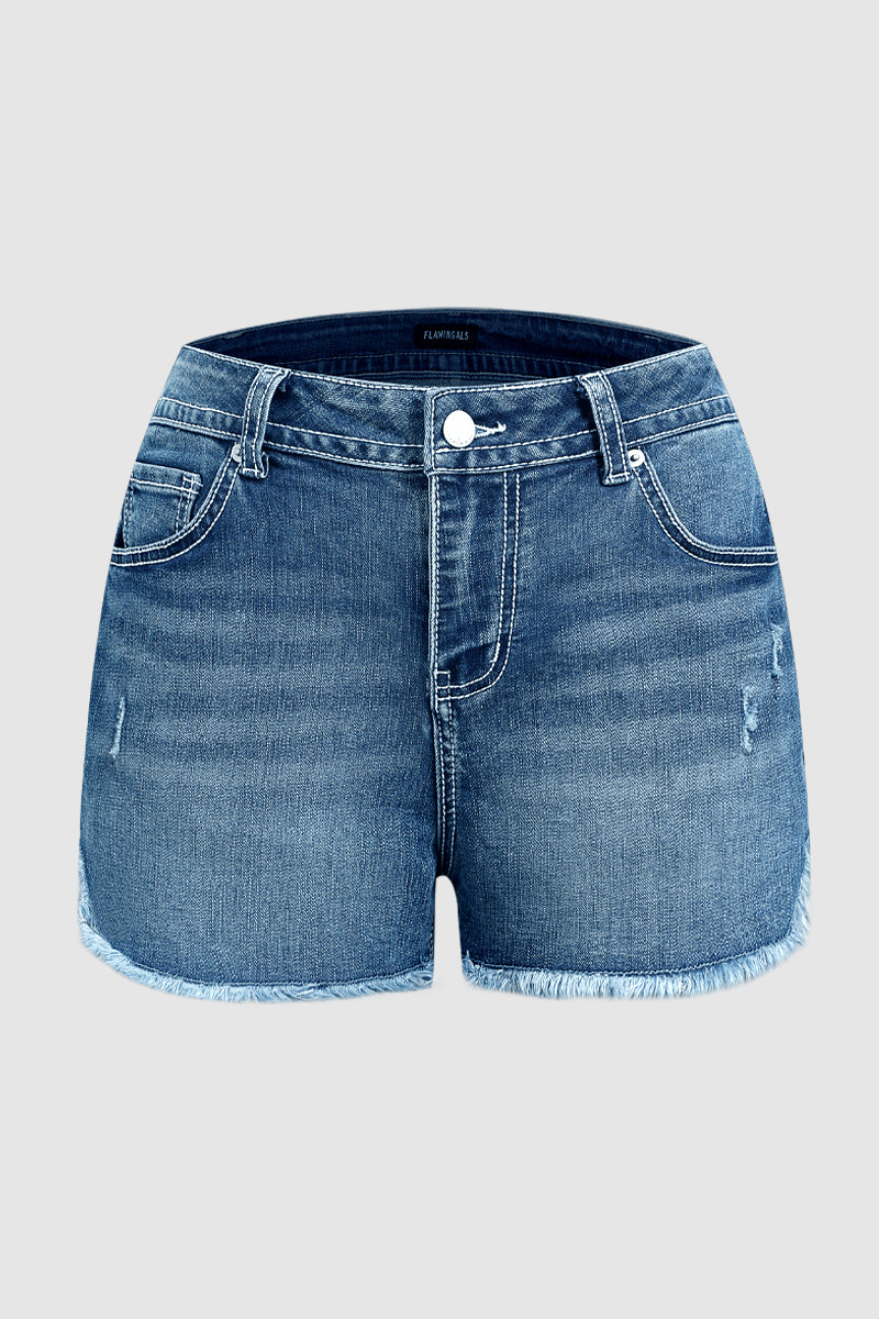 Raw Hem Embroidery Flap Decor Split Mid Waist Denim Shorts