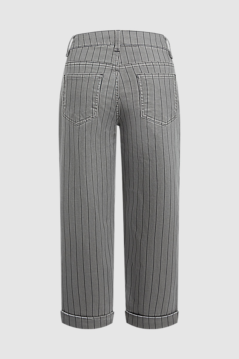 Striped Roll Hem Drawstring Mid Waist Straight Leg Cropped Pants