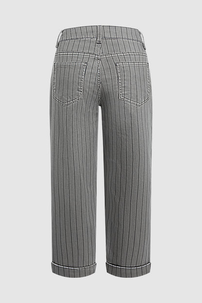 Striped Roll Hem Drawstring Mid Waist Straight Leg Cropped Pants