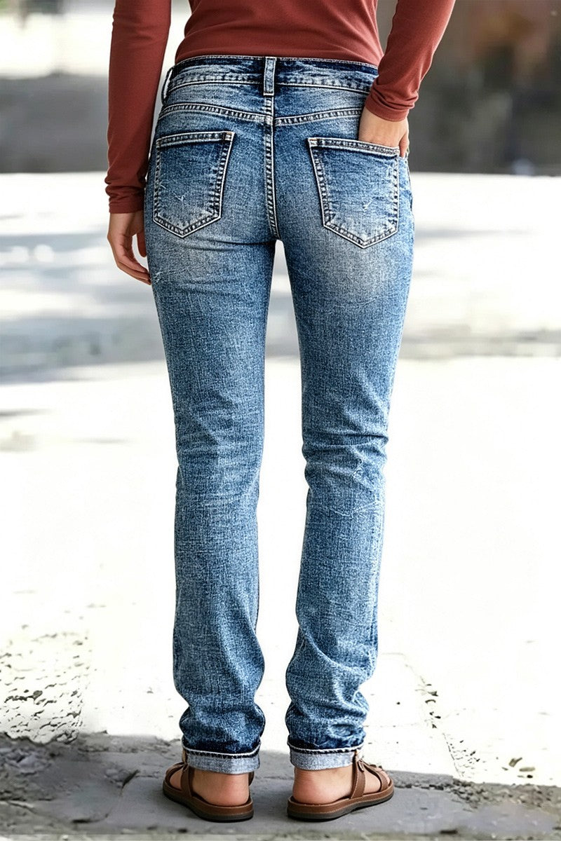 Wash Ripped Roll Hem Low Waist Straight Leg Jeans