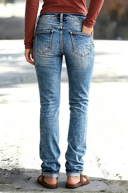 Wash Ripped Roll Hem Low Waist Straight Leg Jeans