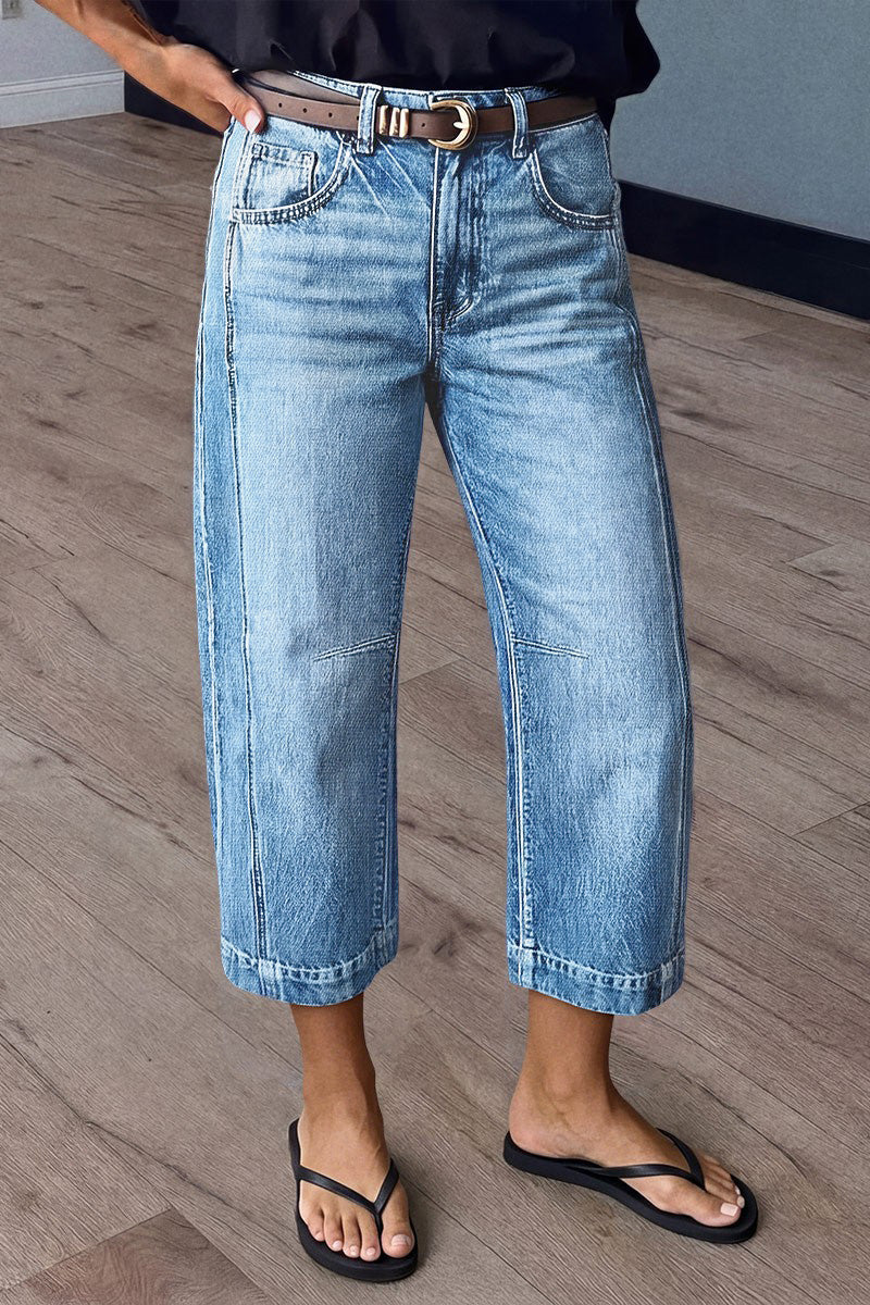 Wash Seam Detail High Rise Straight Leg Crop Jeans Without Belt