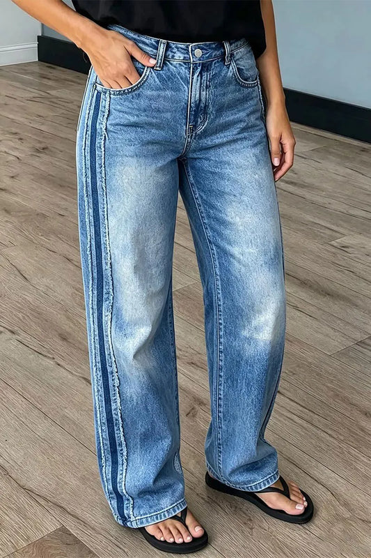Wash Raw Seam Mid Waist Straight Leg Jeans